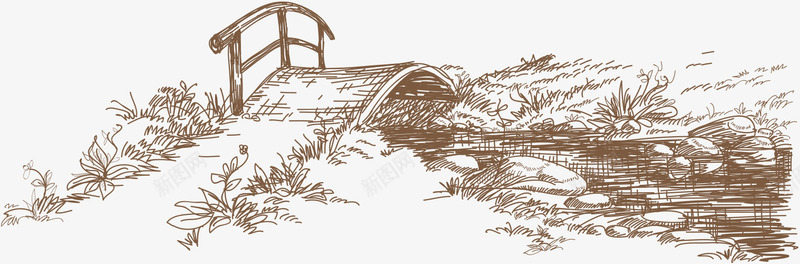 小桥流水png免抠素材_新图网 https://ixintu.com 卡通 小桥 手绘 灰色 简图 素描 绘画 草丛