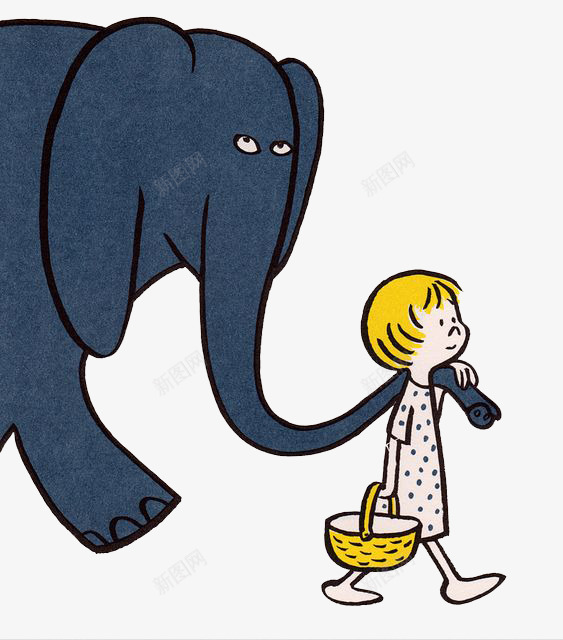 牵着大象鼻子的小女孩png免抠素材_新图网 https://ixintu.com 创意 动物 篮子 蓝色