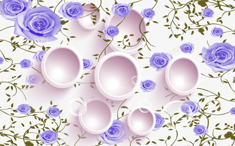 3D紫蓝色花背景png免抠素材_新图网 https://ixintu.com 叶子 壁画 玫瑰 立体 背景墙