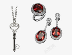 红宝石耳环戒指和钥匙坠子项链素材