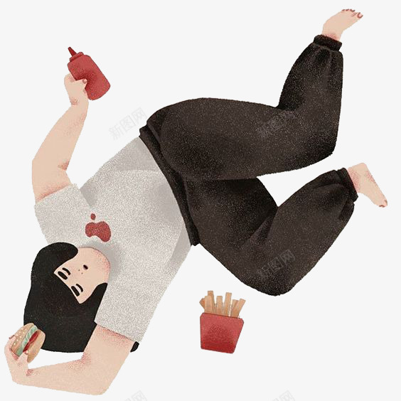 吃汉堡的女孩png免抠素材_新图网 https://ixintu.com 快餐 汉堡 薯条 躺着