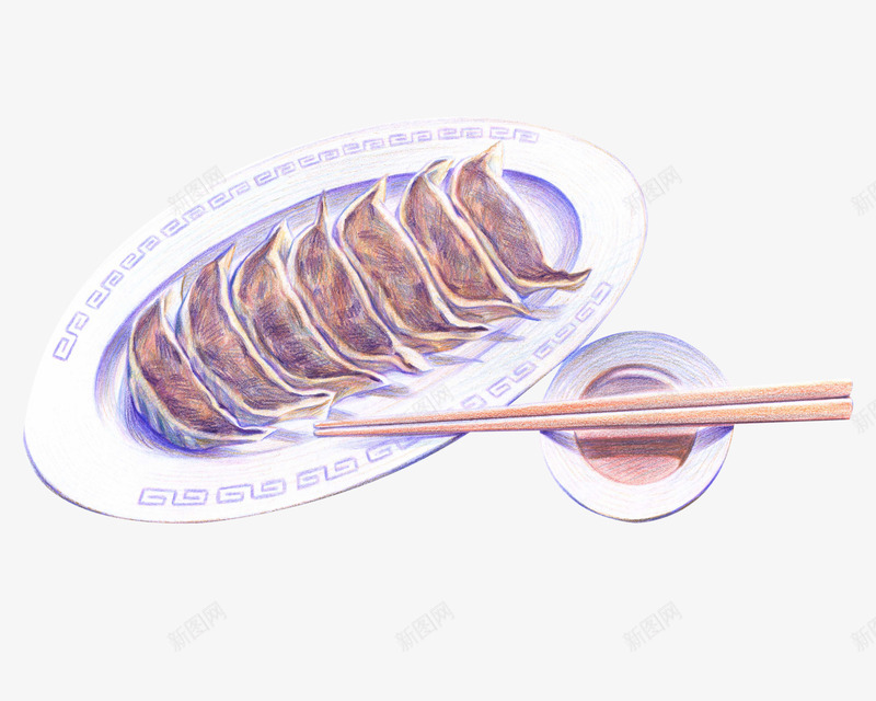 手绘饺子png免抠素材_新图网 https://ixintu.com 彩铅画 盘子 筷子 绘画 食物 饺子