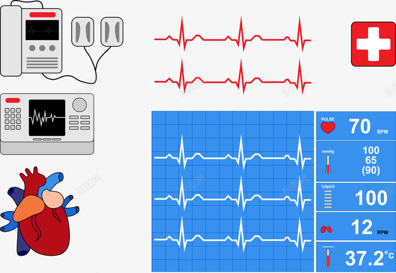 医疗健康心脏检测图标png_新图网 https://ixintu.com 医疗仪器 医疗设备 卡通图标 心电图 心电监护仪 心脏 心跳折线 心跳检测 心跳线图 身体检查