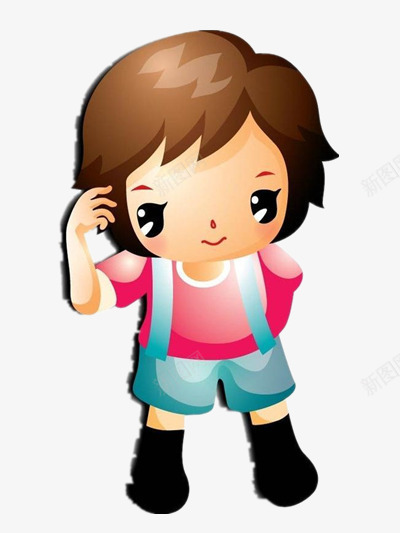 挠头的小女孩png免抠素材_新图网 https://ixintu.com 思考 活力 短发 背带裤