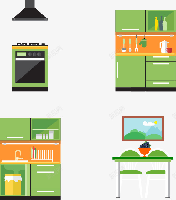 四副家装png免抠素材_新图网 https://ixintu.com 厨房设计 烤箱 矢量素材 餐桌设计