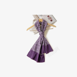 女秋冬皮草围巾显白紫色格子100桑蚕丝双层高清图片