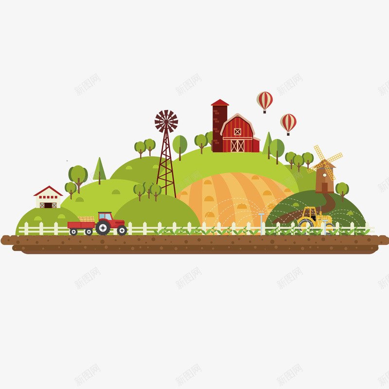 农场的风景png免抠素材_新图网 https://ixintu.com 农场 山丘 房屋 植物 气球