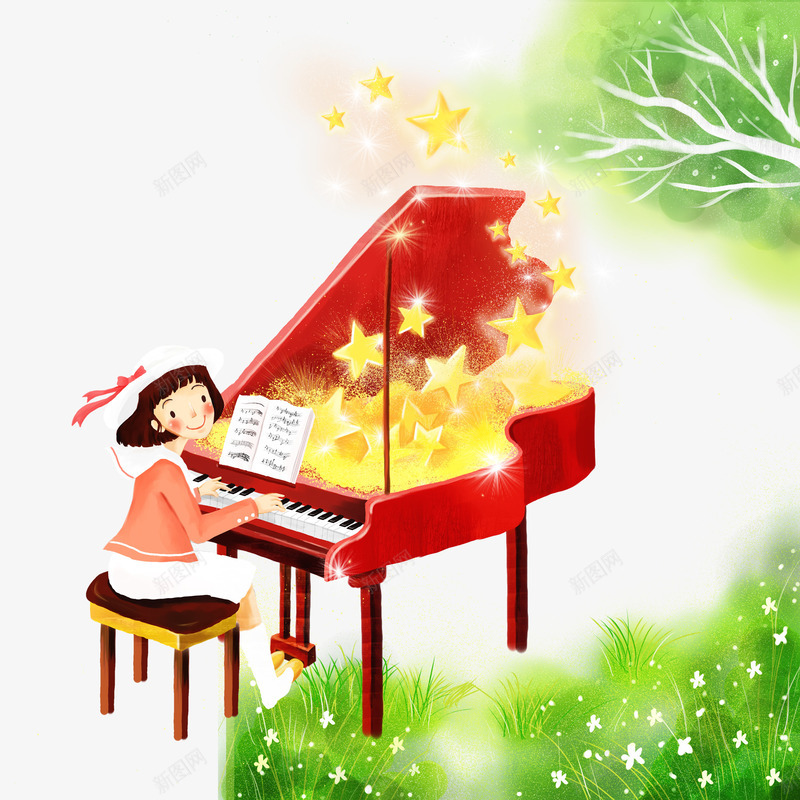 弹钢琴的女孩psd免抠素材_新图网 https://ixintu.com 儿童弹钢琴 卡通 手绘 绿树 钢琴