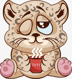 豹纹装饰坐着喝咖啡的小豹子高清图片