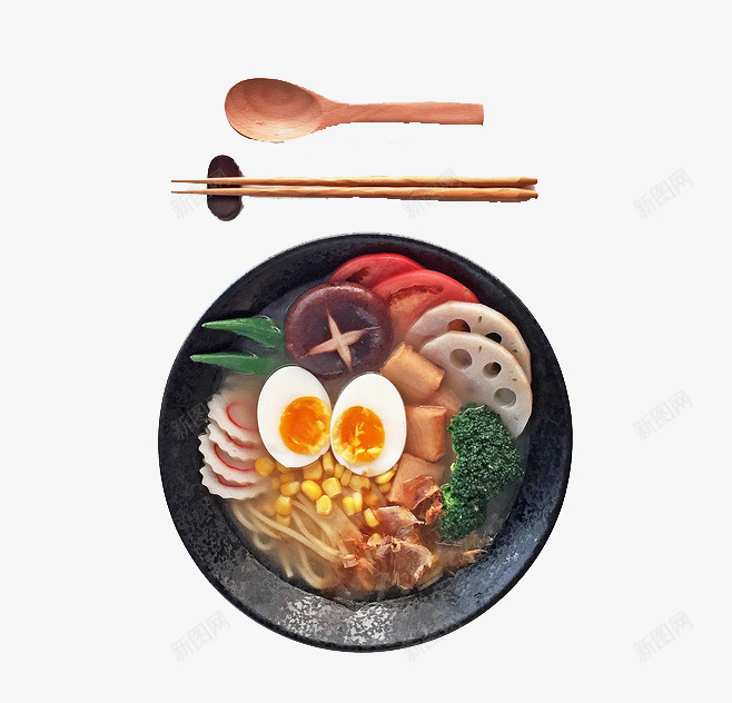 香菇面png免抠素材_新图网 https://ixintu.com 勺子 筷子 美食 蔬菜 藕片 面条 鸡蛋