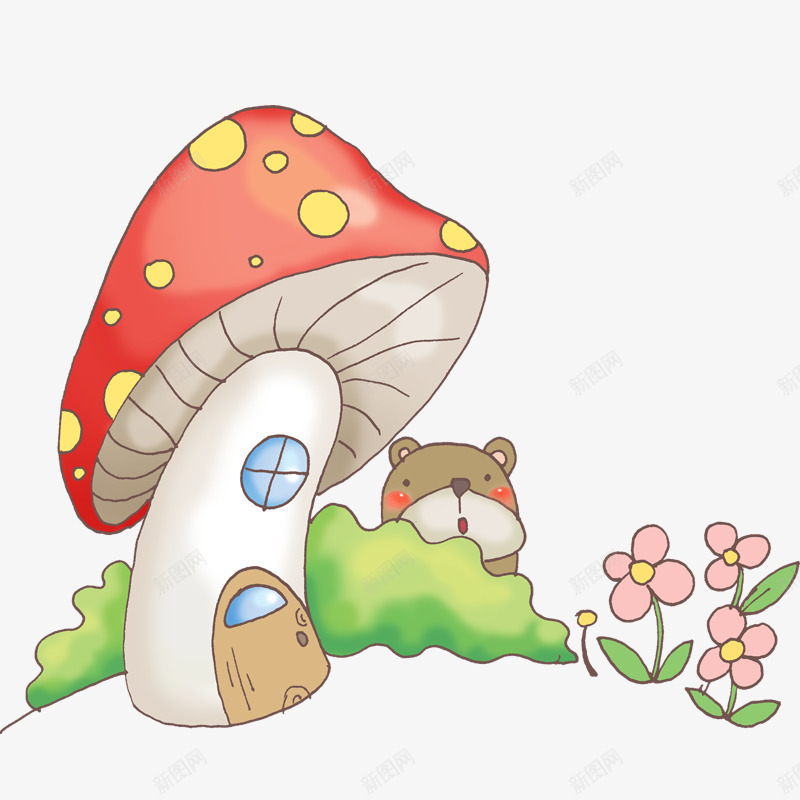 手绘蘑菇屋png免抠素材_新图网 https://ixintu.com 卡通手绘 卡通花朵 手绘草丛 手绘蘑菇屋