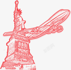 假日旅行红色手绘飞机旅行自由女神像高清图片