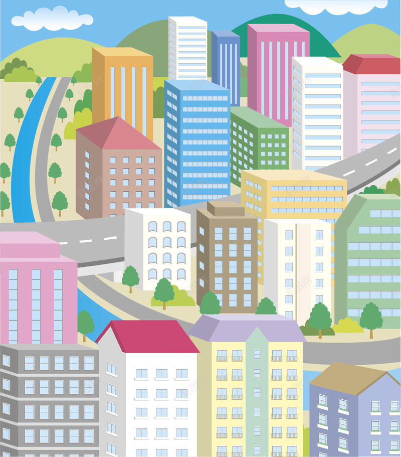 卡通城市矢量图eps免抠素材_新图网 https://ixintu.com 卡通城市街道 矢量图