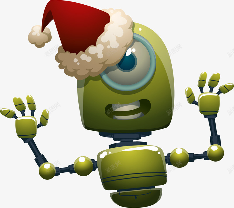 圣诞节绿色机器人png免抠素材_新图网 https://ixintu.com 单眼机器人 卡通机器人 圣诞节 童趣 红色圣诞帽 绿色机器人