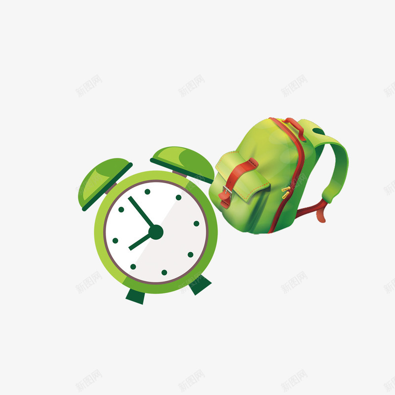 闹钟和书包png免抠素材_新图网 https://ixintu.com 卡通 双肩包 手绘 指针 简图 绿色的 闹钟