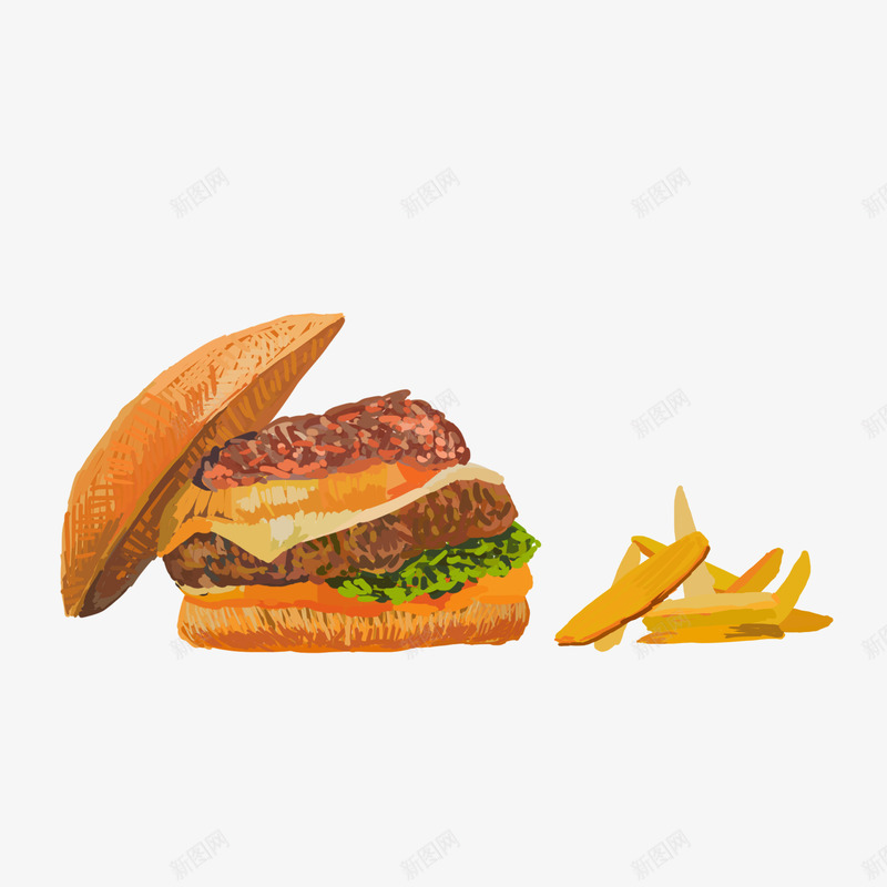卡通版美味的汉堡包png免抠素材_新图网 https://ixintu.com 动漫动画 卡通手绘 汉堡包 美食 薯条 装饰图 食物