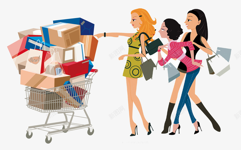 购物的女人们png免抠素材_新图网 https://ixintu.com 三个美女 物品 购物袋 购物车