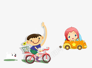 卡通小男孩小女孩骑车png免抠素材_新图网 https://ixintu.com 出游 卡通 小女孩开车 小男孩骑车