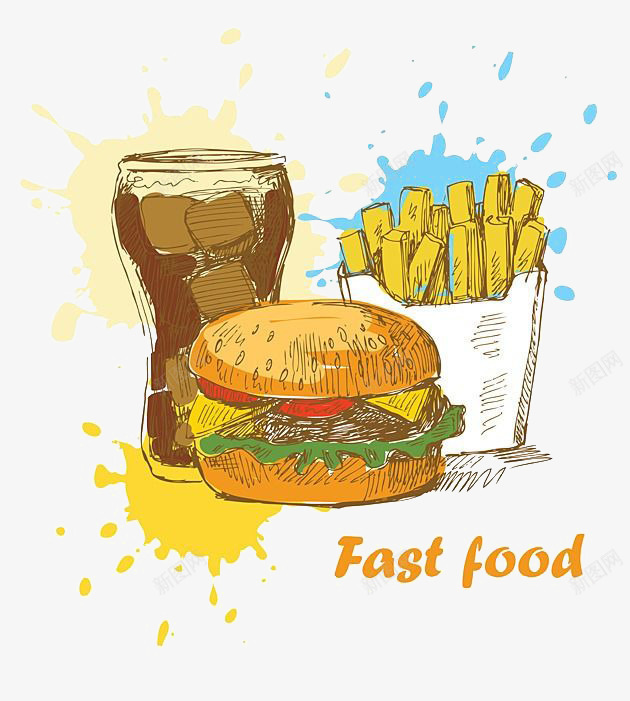 手绘薯条汉堡美食png免抠素材_新图网 https://ixintu.com 元素 套餐 手绘 画画 美食