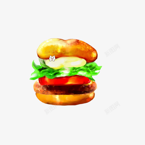 汉堡包手绘画片png免抠素材_新图网 https://ixintu.com 快餐 手绘美食 汉堡 色彩画