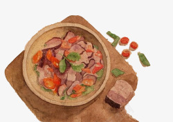 特色炒菜卡通砧板上尖椒腊肉手绘高清图片