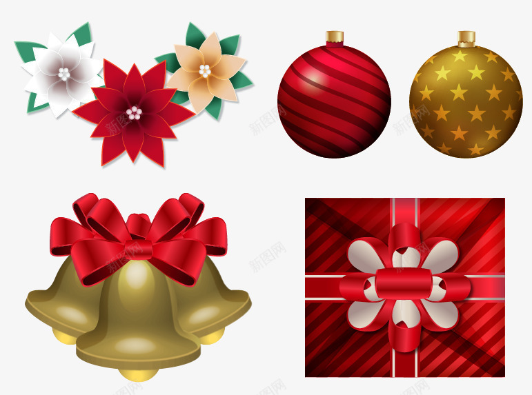 红色圣诞礼盒png免抠素材_新图网 https://ixintu.com 圣诞球 圣诞花朵 矢量素材 金色铃铛