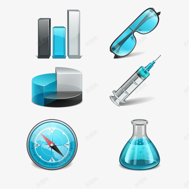 蓝色小物品png免抠素材_新图网 https://ixintu.com 墨镜 指南针 柱状图 试剂瓶 针管