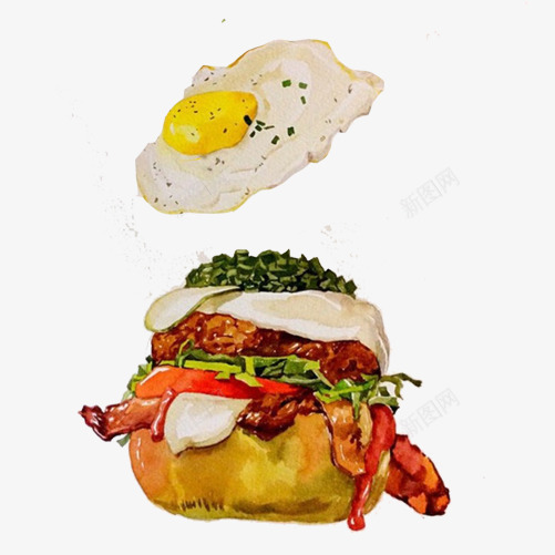 煎鸡蛋汉堡包手绘画片png免抠素材_新图网 https://ixintu.com 夹肉 快餐 水彩画 汉堡包 煎鸡蛋 美食