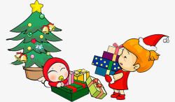 圣诞节卡通收到礼物的小孩圣诞树素材