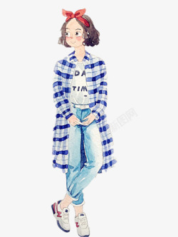 格子衬衫的女孩卡通手绘高清图片