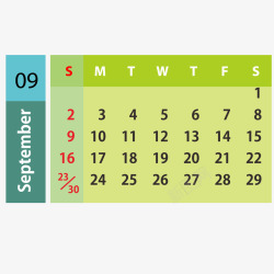 蓝绿色2019年9月日历矢量图素材