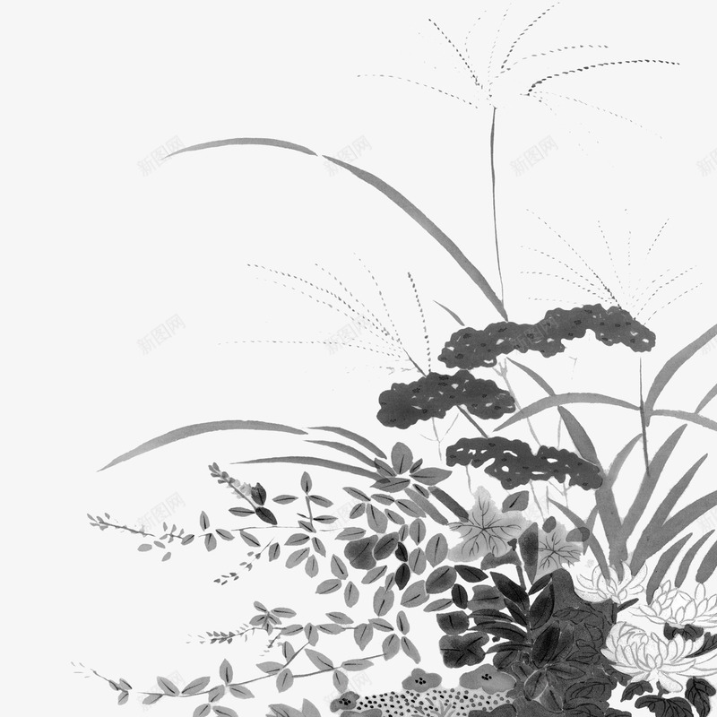 草丛png免抠素材_新图网 https://ixintu.com 中国画 花朵 草丛 黑白