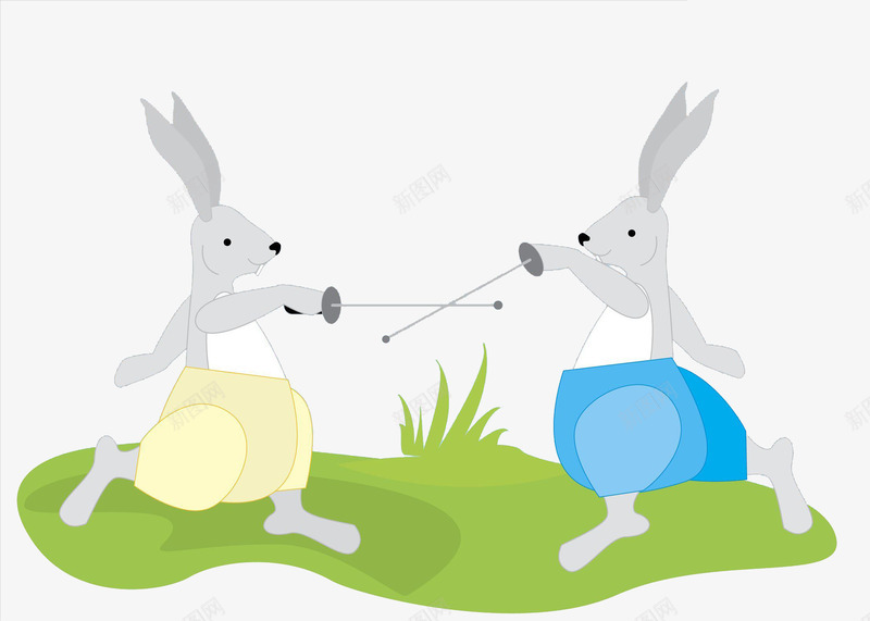 两只练剑的小兔png免抠素材_新图网 https://ixintu.com 卡通 小兔 练剑 草丛