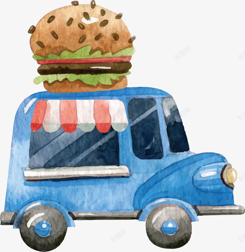 水彩蓝色汉堡餐车png免抠素材_新图网 https://ixintu.com 快餐车 手绘风 汉堡 汉堡车 矢量png 蓝色餐车