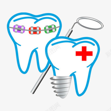 卡通蓝色牙齿带牙套矫正牙齿牙科图标图标