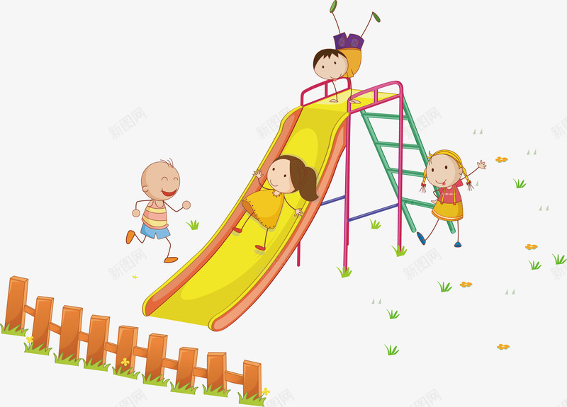开心玩滑梯的孩子们png免抠素材_新图网 https://ixintu.com 开心的孩子们 放暑假 木栅栏 玩滑梯