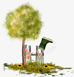 卡通绘画绿树和雨鞋花园素材