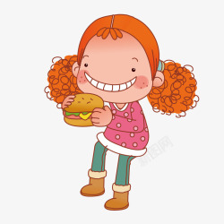 坐长凳上吃汉堡的女孩黄色卷卷头吃汉堡的小女孩矢量图高清图片