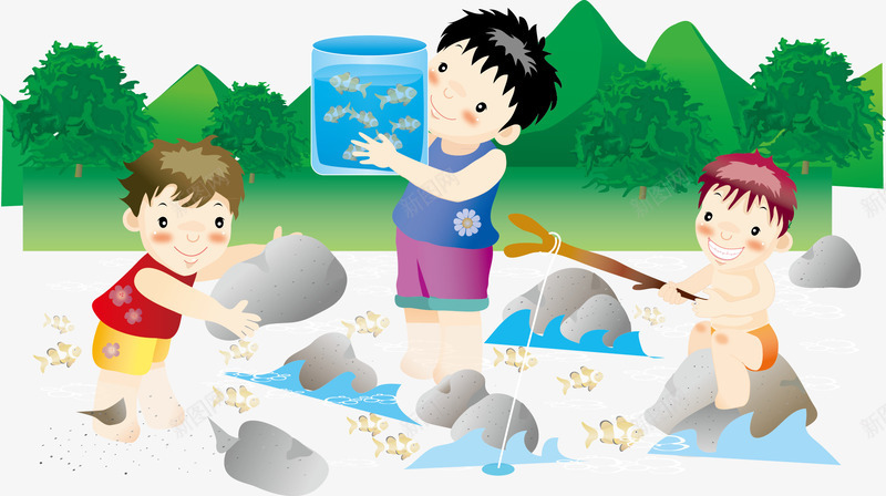在河里捕鱼png免抠素材_新图网 https://ixintu.com 卡通 小河 捕鱼 童趣