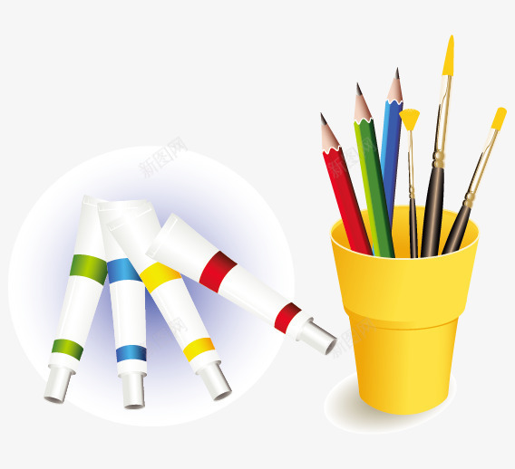 水彩笔筒颜料元素png免抠素材_新图网 https://ixintu.com 彩色 涂料 画笔 笔筒 铅笔
