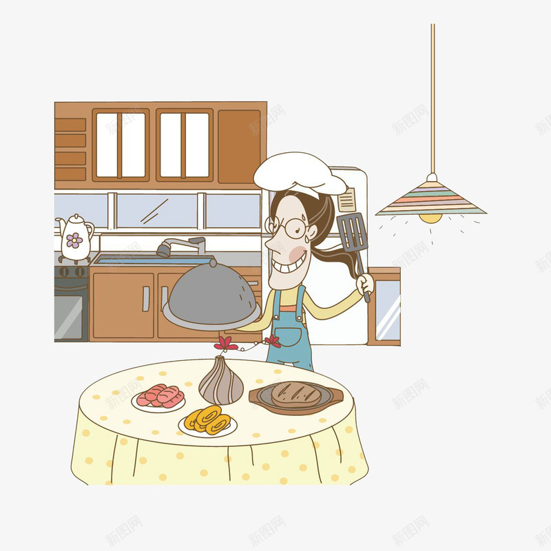 在厨房煮饭的女孩png免抠素材_新图网 https://ixintu.com 厨师帽 厨房简笔画 吊灯 晚餐 煮饭的女孩 锅铲