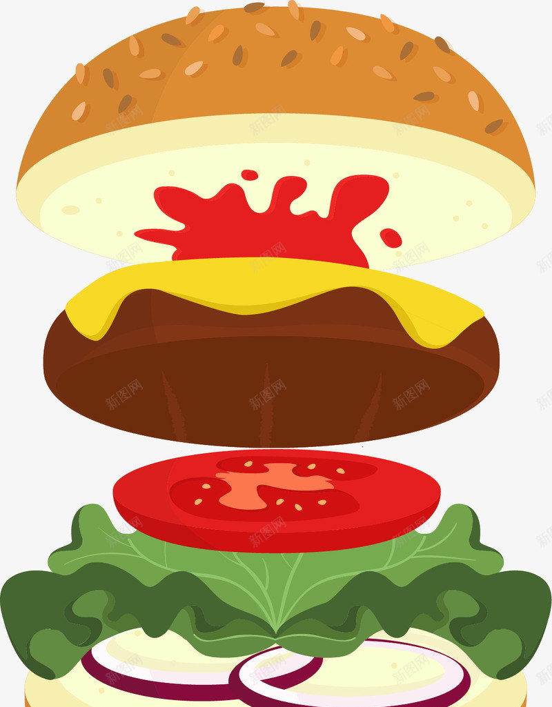 自制汉堡包png免抠素材_新图网 https://ixintu.com 汉堡 洋葱圈 生菜 矢量素材 芝士 面包片