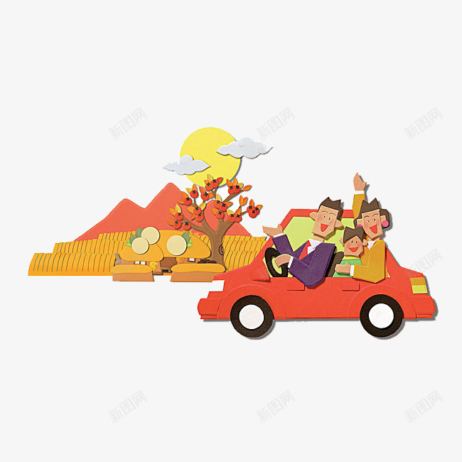 小轿车上的一家人png免抠素材_新图网 https://ixintu.com png图形 png装饰 亲子游 家人 树木 汽车 装饰