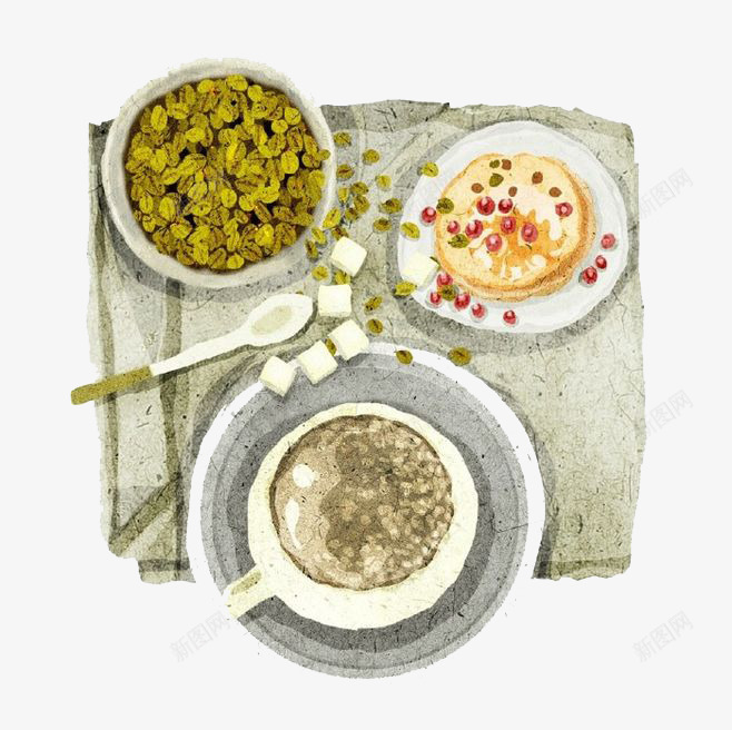 卡通食物png免抠素材_新图网 https://ixintu.com 勺子 卡通 手绘 桌布 水彩 灰色 碗 筷子 装饰 食物