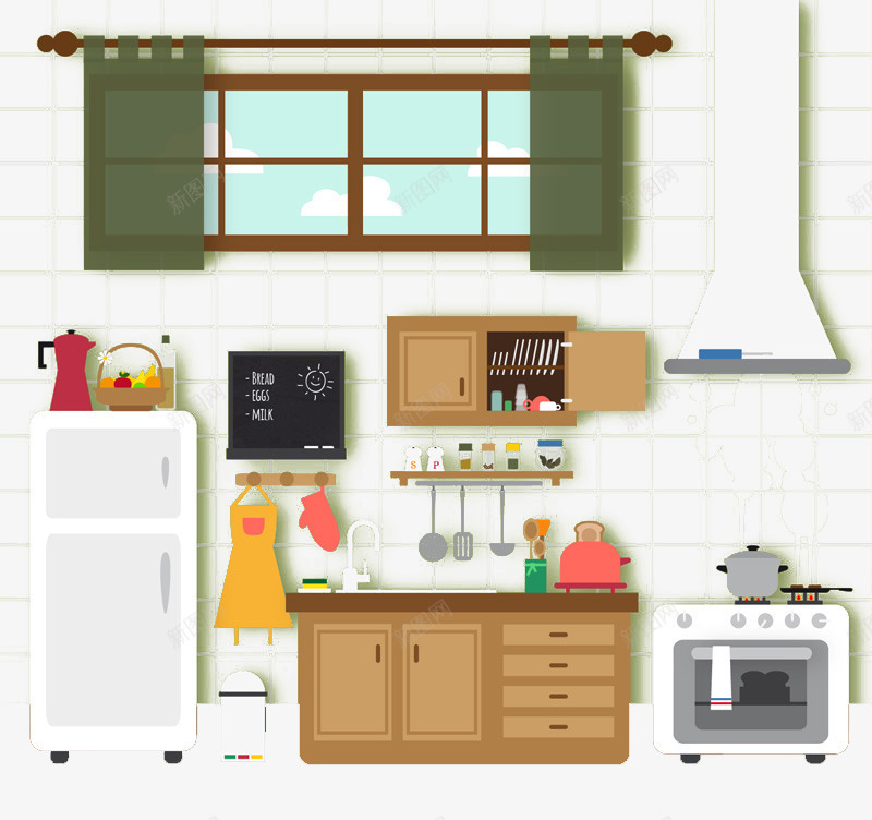 整洁厨房png免抠素材_新图网 https://ixintu.com 卡通 厨房 扁平化 绿色