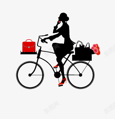 骑着老式自行车的女人png免抠素材_新图网 https://ixintu.com 打电话 钱包 鲜花
