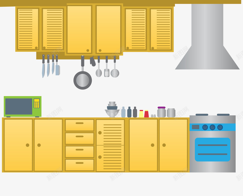厨房png免抠素材_新图网 https://ixintu.com 刀具 勺子 厨房 微波炉 抽烟机 柜子 黄色
