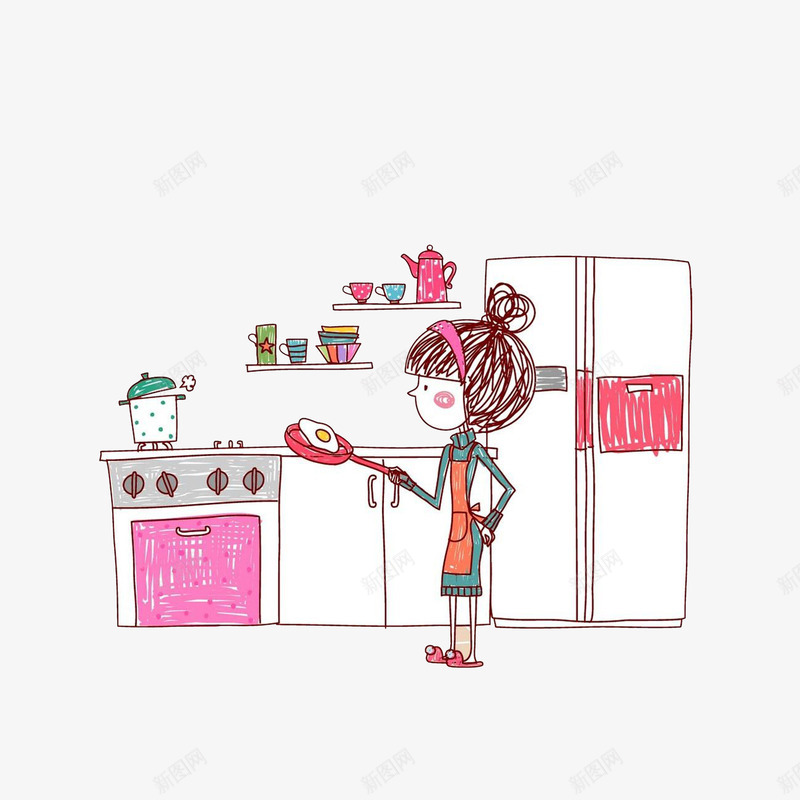 厨房煎蛋的女孩psd免抠素材_新图网 https://ixintu.com 冰箱 卡通女孩 厨房简笔画 插画 煎蛋 茶具