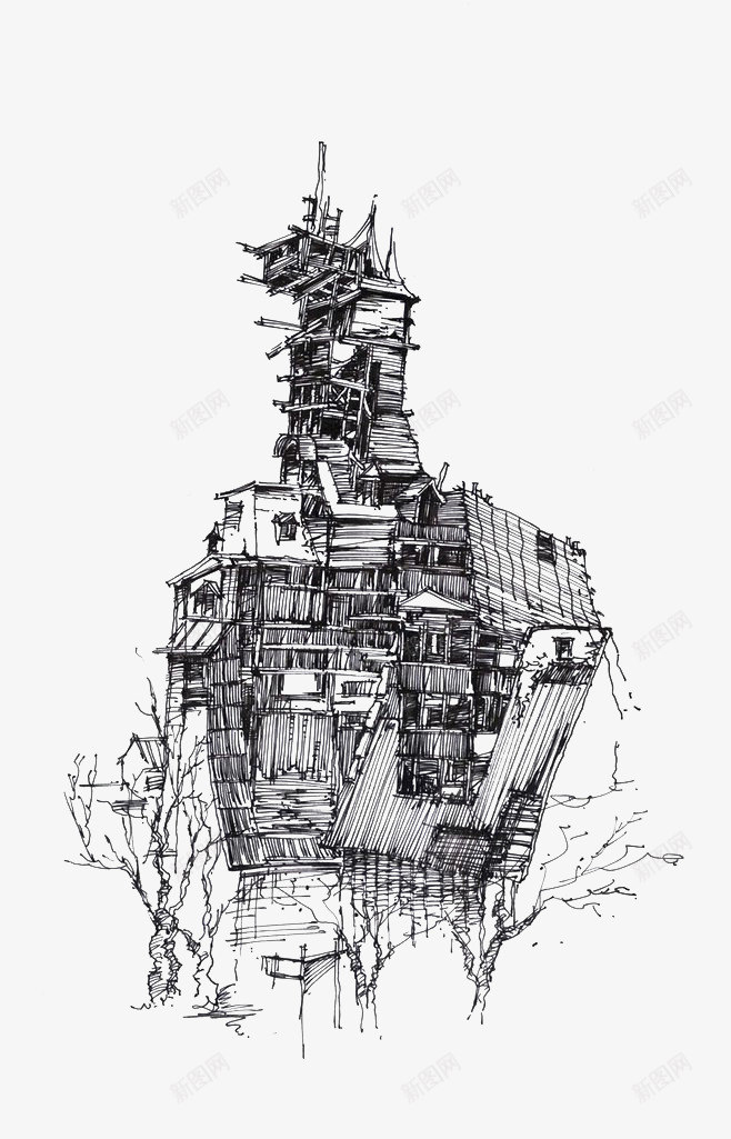 建筑png免抠素材_新图网 https://ixintu.com 建筑 手绘 插画 线条 速写 黑色
