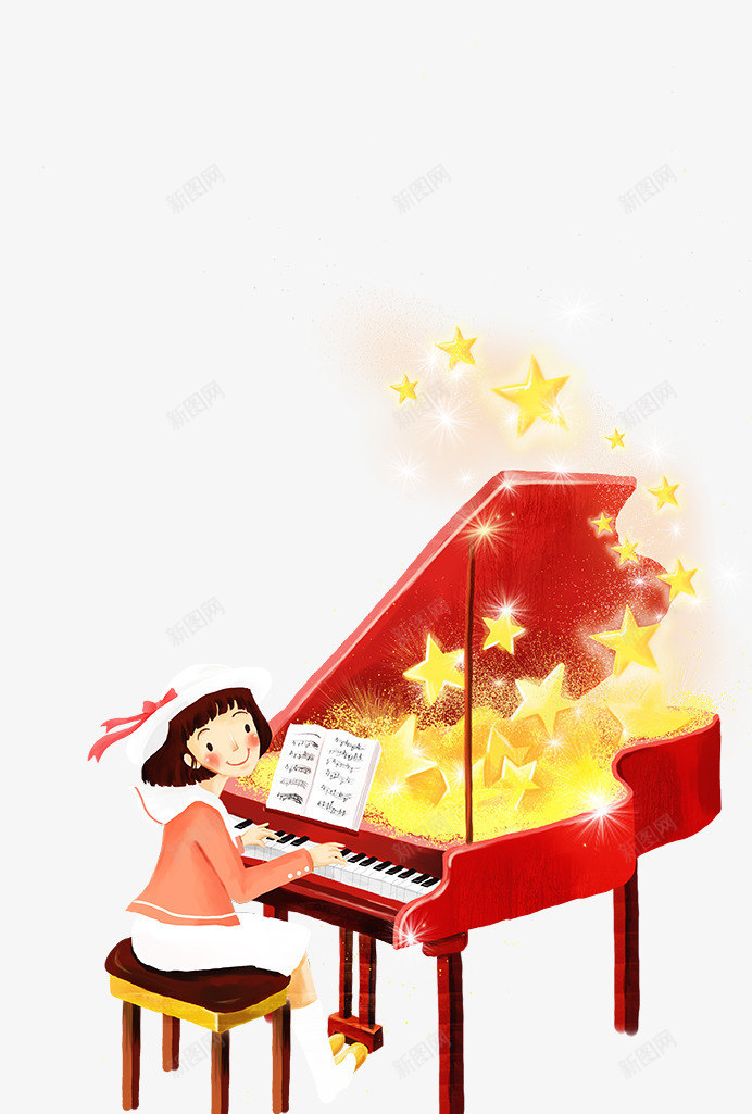 弹钢琴的女孩png免抠素材_新图网 https://ixintu.com 人物 卡通人物 卡通女孩 女孩 弹钢琴 钢琴 黄色五角星
